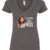gray funny saying v-neck t-shirt featuring a young girl with long brown hair, with an embarrassed face saying life update, still a mess