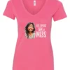 pink funny saying v-neck t-shirt featuring a young girl with long brown hair, with an embarrassed face saying life update, still a mess