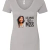 silver funny saying v-neck t-shirt featuring a young girl with long brown hair, with an embarrassed face saying life update, still a mess