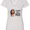 white funny saying v-neck t-shirt featuring a young girl with long brown hair, with an embarrassed face saying life update, still a mess
