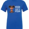 blue sarcastic graphic t-shirt featuring a young black girl with two hair buns, angry face and arms crossed saying Monday should be optional