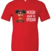red sarcastic graphic t-shirt featuring a young black girl with two hair buns, angry face and arms crossed saying Monday should be optional