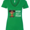 green sarcastic graphic v-neck t-shirt featuring a young black girl with two hair buns, angry face and arms crossed saying Monday should be optional