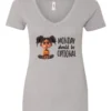 silver sarcastic graphic v-neck t-shirt featuring a young black girl with two hair buns, angry face and arms crossed saying Monday should be optional