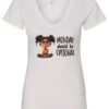 white sarcastic graphic v-neck t-shirt featuring a young black girl with two hair buns, angry face and arms crossed saying Monday should be optional
