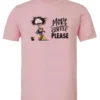 pink funny coffee t-shirt featuring a disheveled young woman with mouth and eyes wide open in pajamas with two cups of coffee it says more coffee please