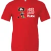 red funny coffee t-shirt featuring a disheveled young woman with mouth and eyes wide open in pajamas with two cups of coffee it says more coffee please
