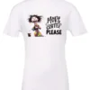 white funny coffee t-shirt featuring a disheveled young woman with mouth and eyes wide open in pajamas with two cups of coffee it says more coffee please