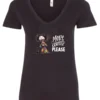 black funny coffee v-neck t-shirt featuring a disheveled young woman with mouth and eyes wide open in pajamas with two cups of coffee it says more coffee please