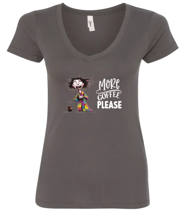 gray funny coffee v-neck t-shirt featuring a disheveled young woman with mouth and eyes wide open in pajamas with two cups of coffee it says more coffee please
