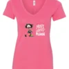 pink funny coffee v-neck t-shirt featuring a disheveled young woman with mouth and eyes wide open in pajamas with two cups of coffee it says more coffee please