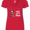 red funny coffee v-neck t-shirt featuring a disheveled young woman with mouth and eyes wide open in pajamas with two cups of coffee it says more coffee please