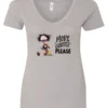 silver funny coffee v-neck t-shirt featuring a disheveled young woman with mouth and eyes wide open in pajamas with two cups of coffee it says more coffee please