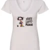 white funny coffee v-neck t-shirt featuring a disheveled young woman with mouth and eyes wide open in pajamas with two cups of coffee it says more coffee please