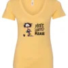 yellow funny coffee v-neck t-shirt featuring a disheveled young woman with mouth and eyes wide open in pajamas with two cups of coffee it says more coffee please