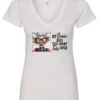 white sarcastic humor v-neck t-shirt featuring a disheveled old woman, with a look of astonishment and red glasses saying my brain has too many tabs open