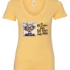 yellow sarcastic humor v-neck t-shirt featuring a disheveled old woman, with a look of astonishment and red glasses saying my brain has too many tabs open