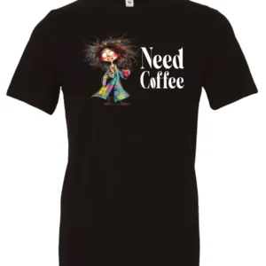 black funny coffee lover t-shirt featuring a disheveled young woman in pajamas with two cups of coffee it says need coffee