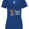 blue funny coffee lover v-neck t-shirt featuring a disheveled young woman in pajamas with two cups of coffee it says need coffee