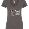 gray funny coffee lover v-neck t-shirt featuring a disheveled young woman in pajamas with two cups of coffee it says need coffee