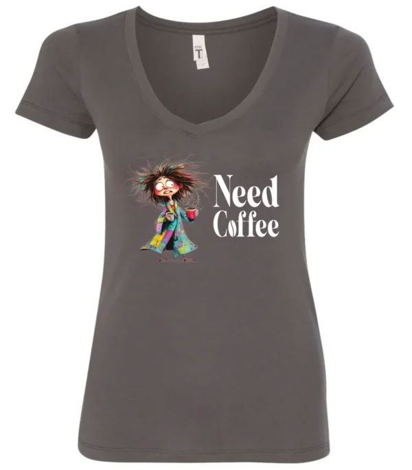 gray funny coffee lover v-neck t-shirt featuring a disheveled young woman in pajamas with two cups of coffee it says need coffee