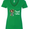 green funny coffee lover v-neck t-shirt featuring a disheveled young woman in pajamas with two cups of coffee it says need coffee