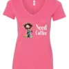 pink funny coffee lover v-neck t-shirt featuring a disheveled young woman in pajamas with two cups of coffee it says need coffee