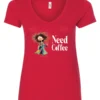 red funny coffee lover v-neck t-shirt featuring a disheveled young woman in pajamas with two cups of coffee it says need coffee