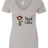 silver funny coffee lover v-neck t-shirt featuring a disheveled young woman in pajamas with two cups of coffee it says need coffee