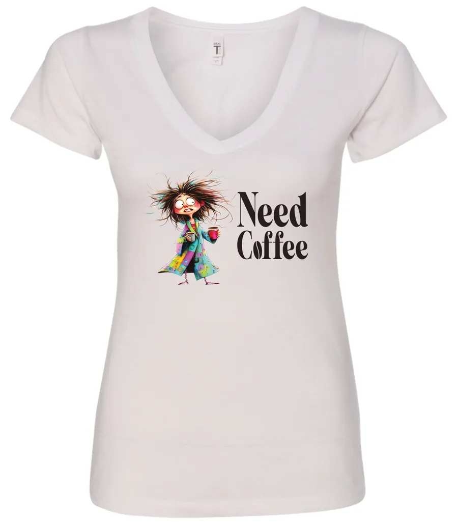 white funny coffee lover v-neck t-shirt featuring a disheveled young woman in pajamas with two cups of coffee it says need coffee
