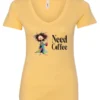 yellow funny coffee lover v-neck t-shirt featuring a disheveled young woman in pajamas with two cups of coffee it says need coffee