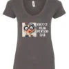 gray funny sarcastic v-neck t-shirt featuring an old woman with red lips, big black glasses and a charming face saying nicest mean person ever