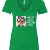 green funny sarcastic v-neck t-shirt featuring an old woman with red lips, big black glasses and a charming face saying nicest mean person ever
