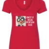 red funny sarcastic v-neck t-shirt featuring an old woman with red lips, big black glasses and a charming face saying nicest mean person ever