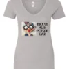 silver funny sarcastic v-neck t-shirt featuring an old woman with red lips, big black glasses and a charming face saying nicest mean person ever