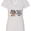white funny sarcastic v-neck t-shirt featuring an old woman with red lips, big black glasses and a charming face saying nicest mean person ever