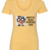 yellow funny sarcastic v-neck t-shirt featuring an old woman with red lips, big black glasses and a charming face saying nicest mean person ever