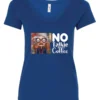 blue sarcastic coffee v-neck t-shirt featuring a disheveled woman with glasses and open mouth it says no talkie before coffee