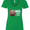 green sarcastic coffee v-neck t-shirt featuring a disheveled woman with glasses and open mouth it says no talkie before coffee