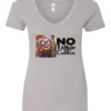 silver sarcastic coffee v-neck t-shirt featuring a disheveled woman with glasses and open mouth it says no talkie before coffee