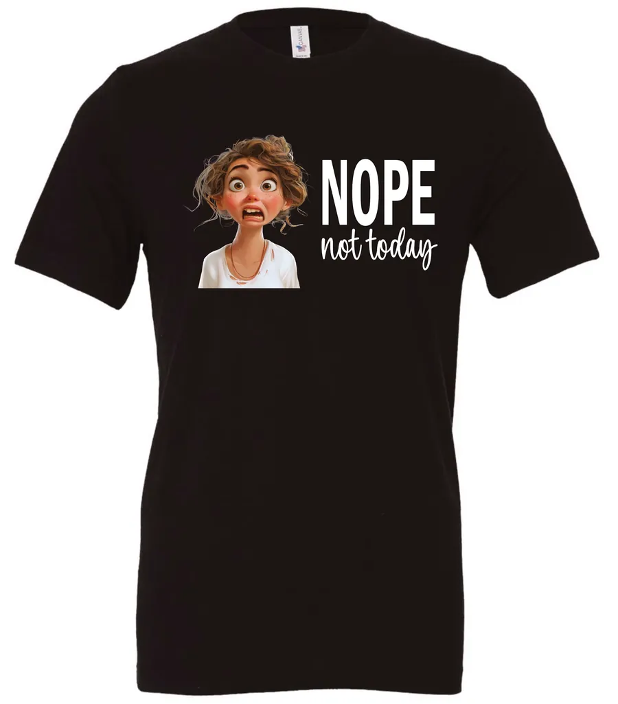 black antisocial humor t-shirt featuring a disheveled young girl with long brown hair, with a sad face saying nope not today