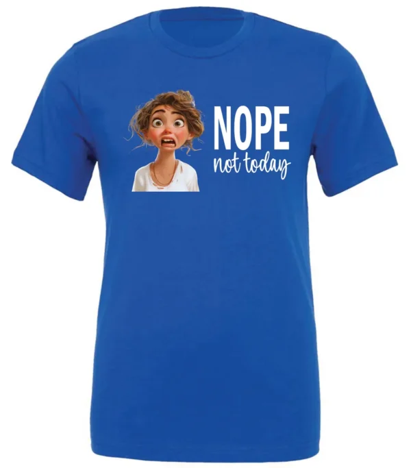 blue antisocial humor t-shirt featuring a disheveled young girl with long brown hair, with a sad face saying nope not today
