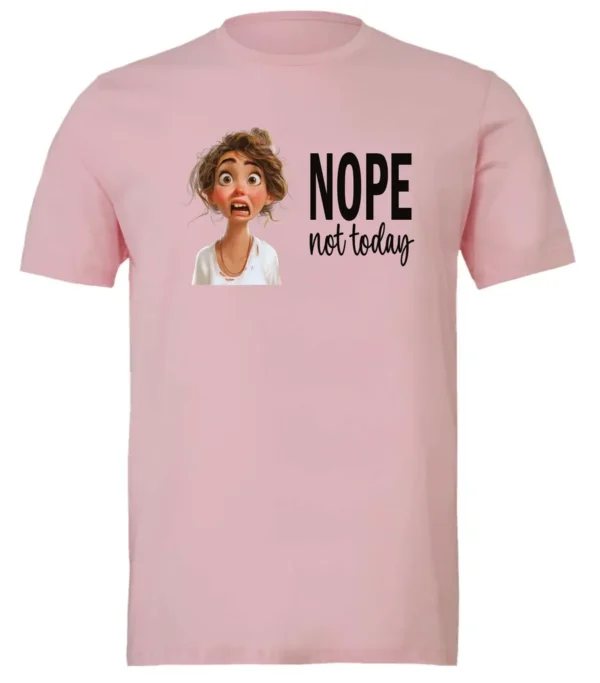 pink antisocial humor t-shirt featuring a disheveled young girl with long brown hair, with a sad face saying nope not today