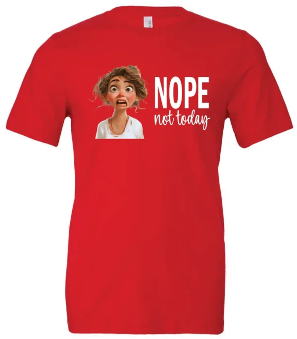 red antisocial humor t-shirt featuring a disheveled young girl with long brown hair, with a sad face saying nope not today