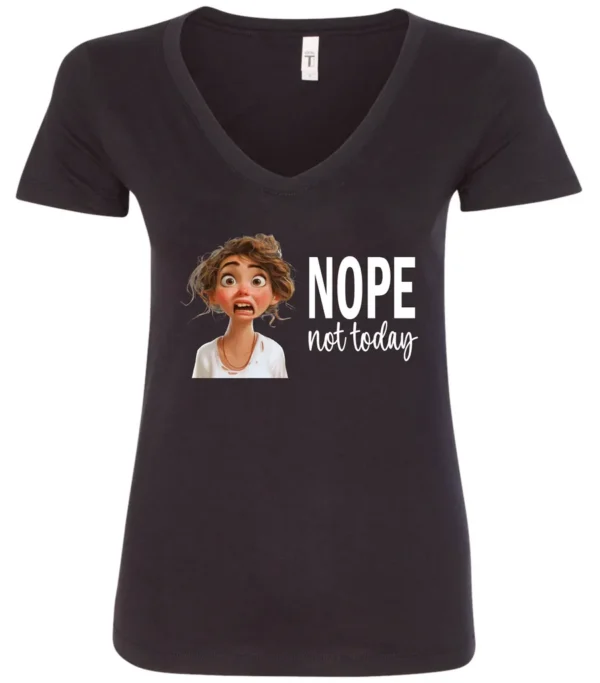 black antisocial humor v-neck t-shirt featuring a disheveled young girl with long brown hair, with a sad face saying nope not today