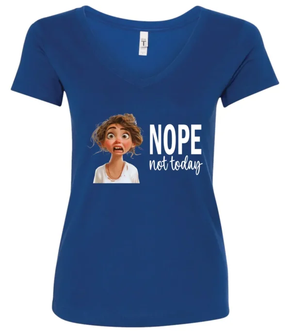 blue antisocial humor v-neck t-shirt featuring a disheveled young girl with long brown hair, with a sad face saying nope not today