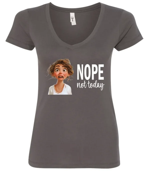 gray antisocial humor v-neck t-shirt featuring a disheveled young girl with long brown hair, with a sad face saying nope not today