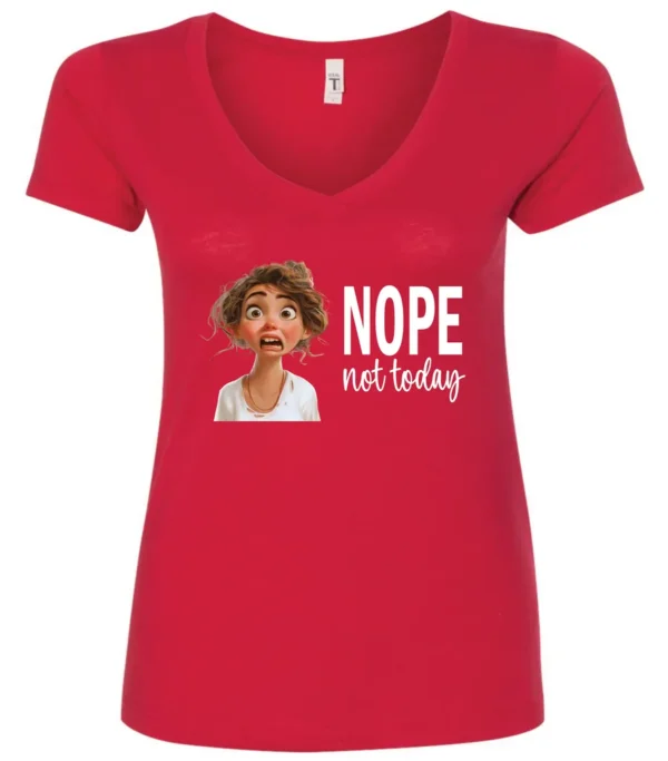 red antisocial humor v-neck t-shirt featuring a disheveled young girl with long brown hair, with a sad face saying nope not today
