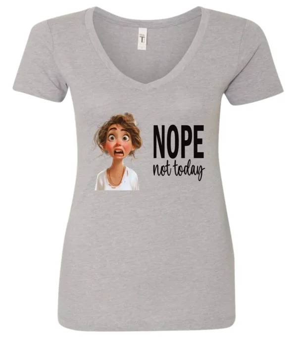 silver antisocial humor v-neck t-shirt featuring a disheveled young girl with long brown hair, with a sad face saying nope not today