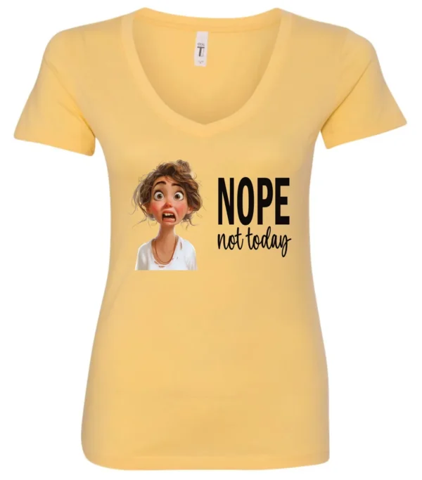yellow antisocial humor v-neck t-shirt featuring a disheveled young girl with long brown hair, with a sad face saying nope not today